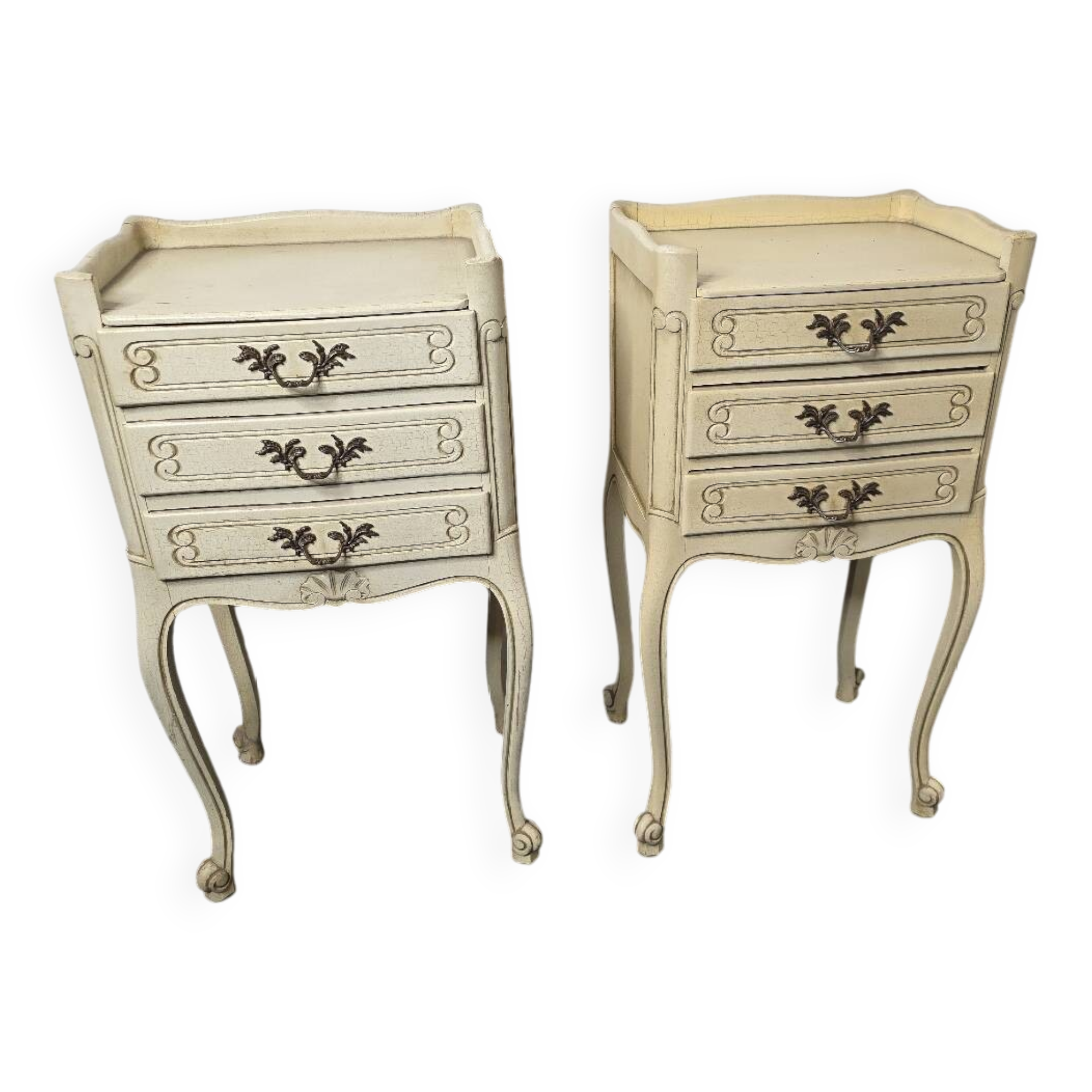 Pair of Louis XV style bedside tables with patina