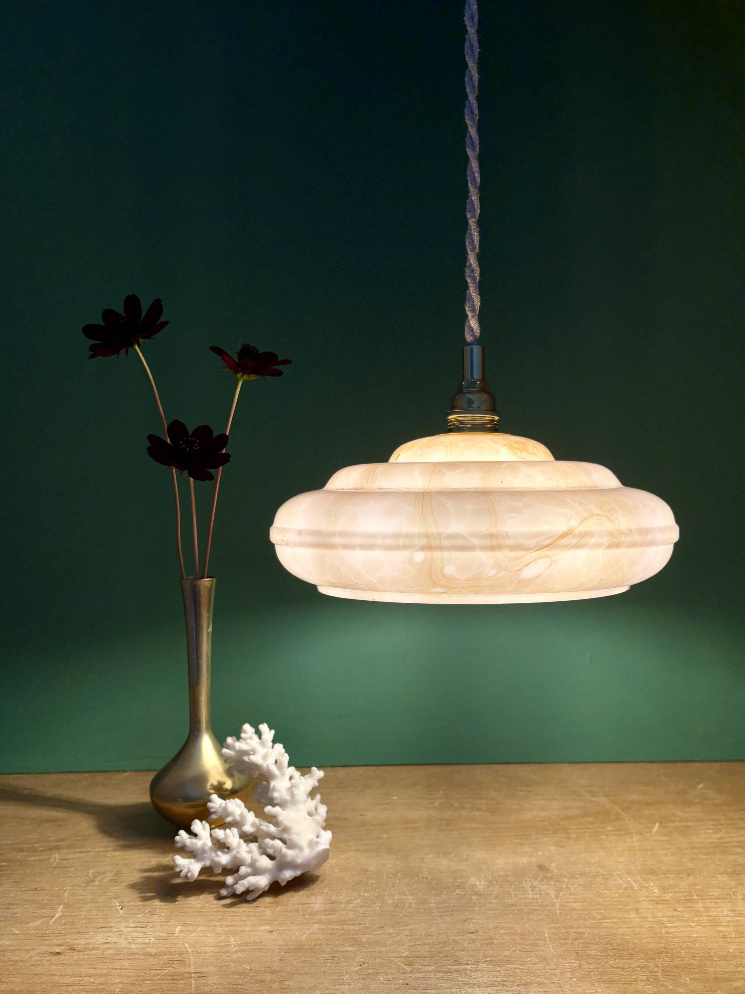 Vintage pink Clichy glass pendant lampshade with marbled effect