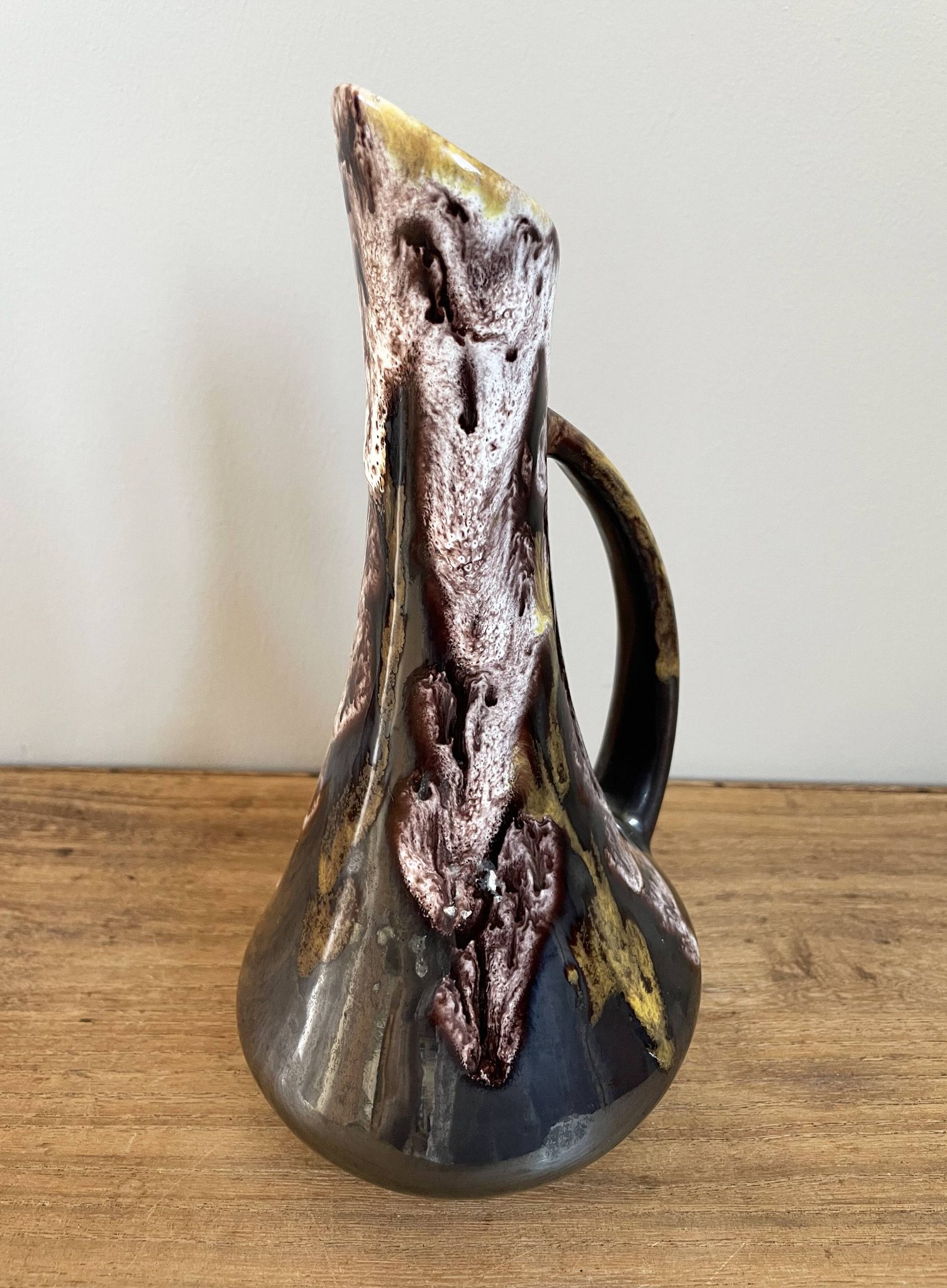 Fat lava style vase with handle, victory, purple, yellow & black drip glaze