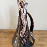 Vase de style fat lave avec poignée, victoire, glaçage goutte à goutte violet, jaune et noir