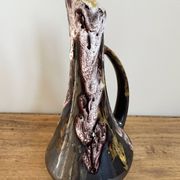 Fat lava style vase with handle, victory, purple, yellow & black drip glaze