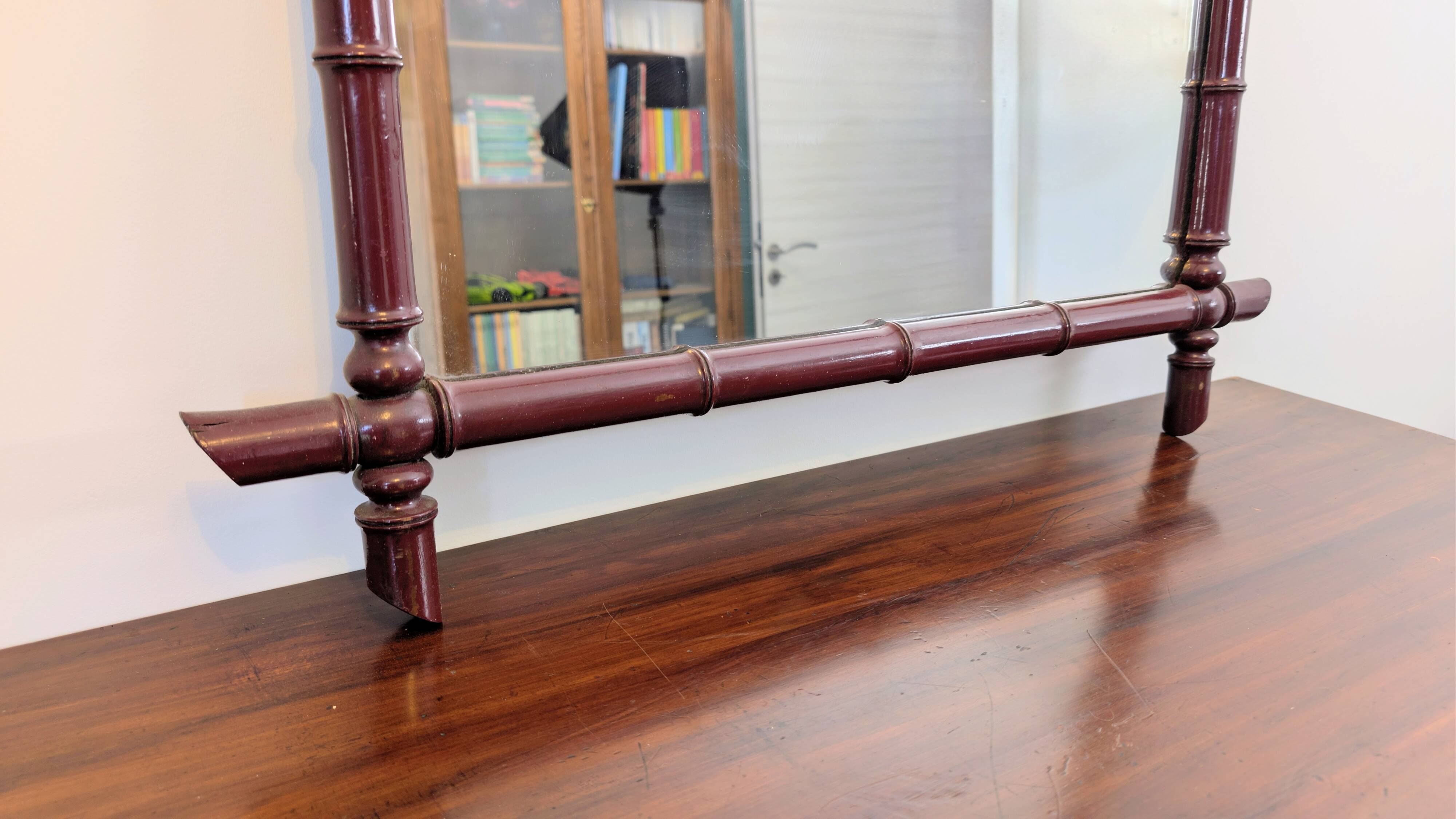 Vintage mirror with a bamboo effect in burgundy, chic exotic style - 79 x 64 cm