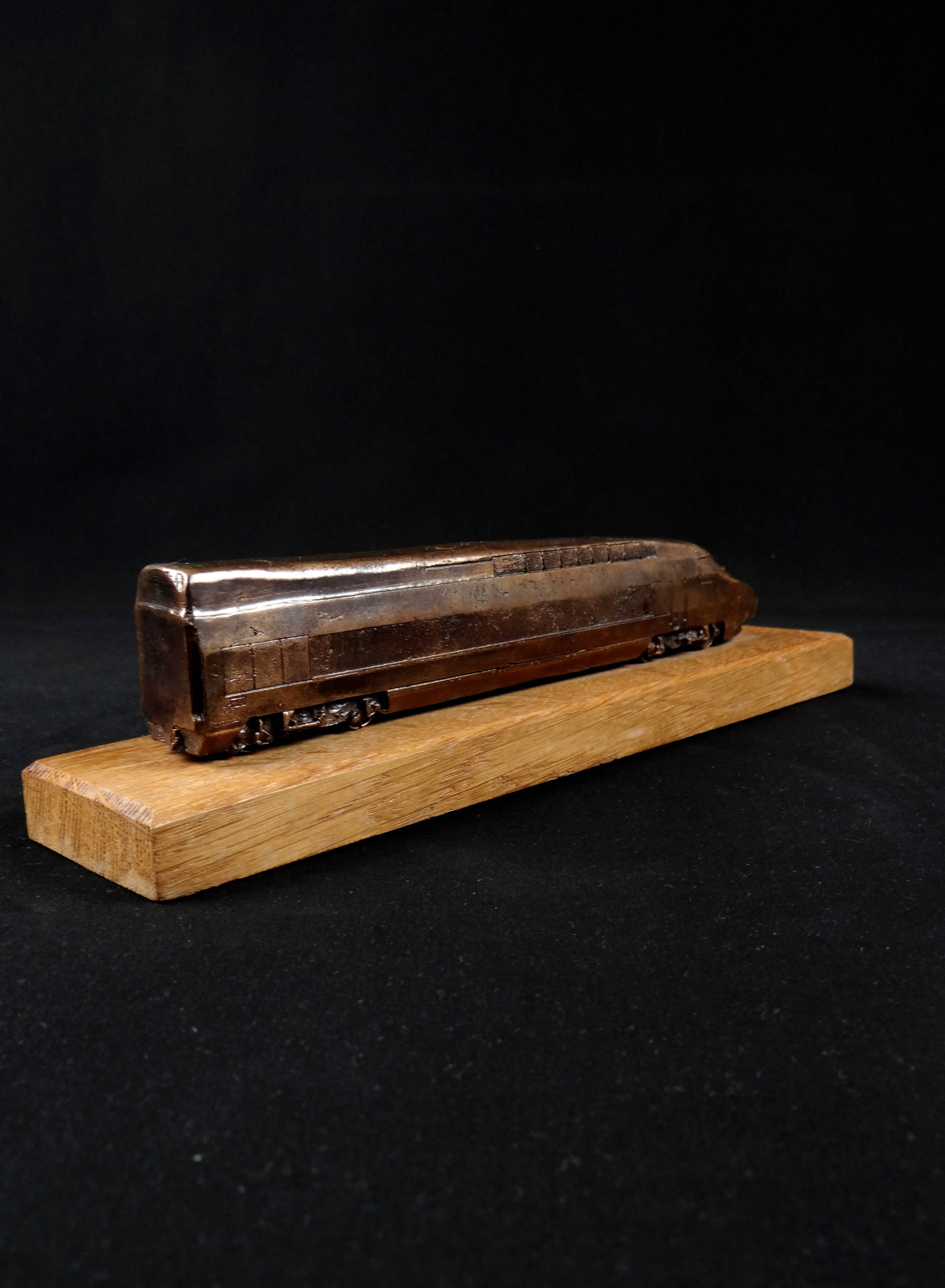 Bronze TGV on a wooden base, scale model of the TGV Sud-Est from the 1980s