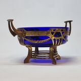 Ancienne jardinière centre de table en métal doré et verre bleu cobalt