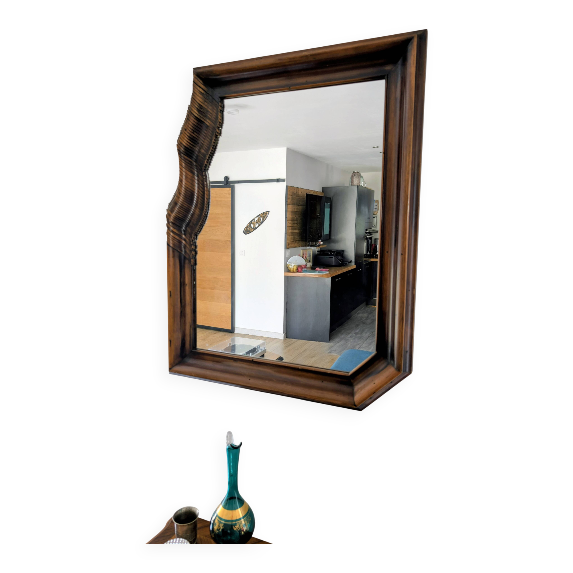 Large wooden wall mirror - wavy carving and natural patina