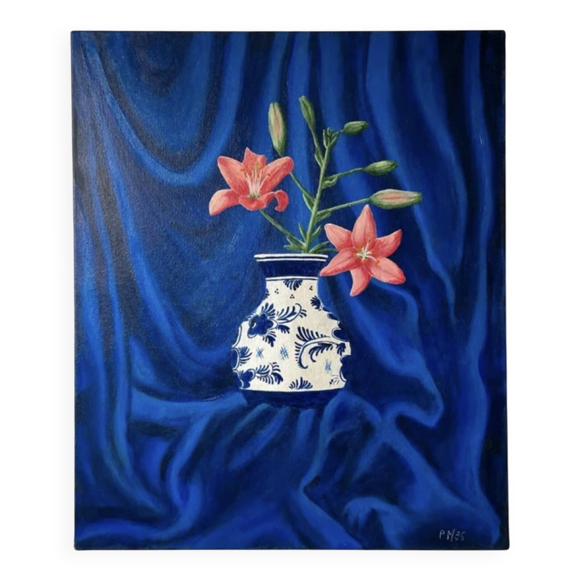 Peinture sur toile Lys et drapé bleu