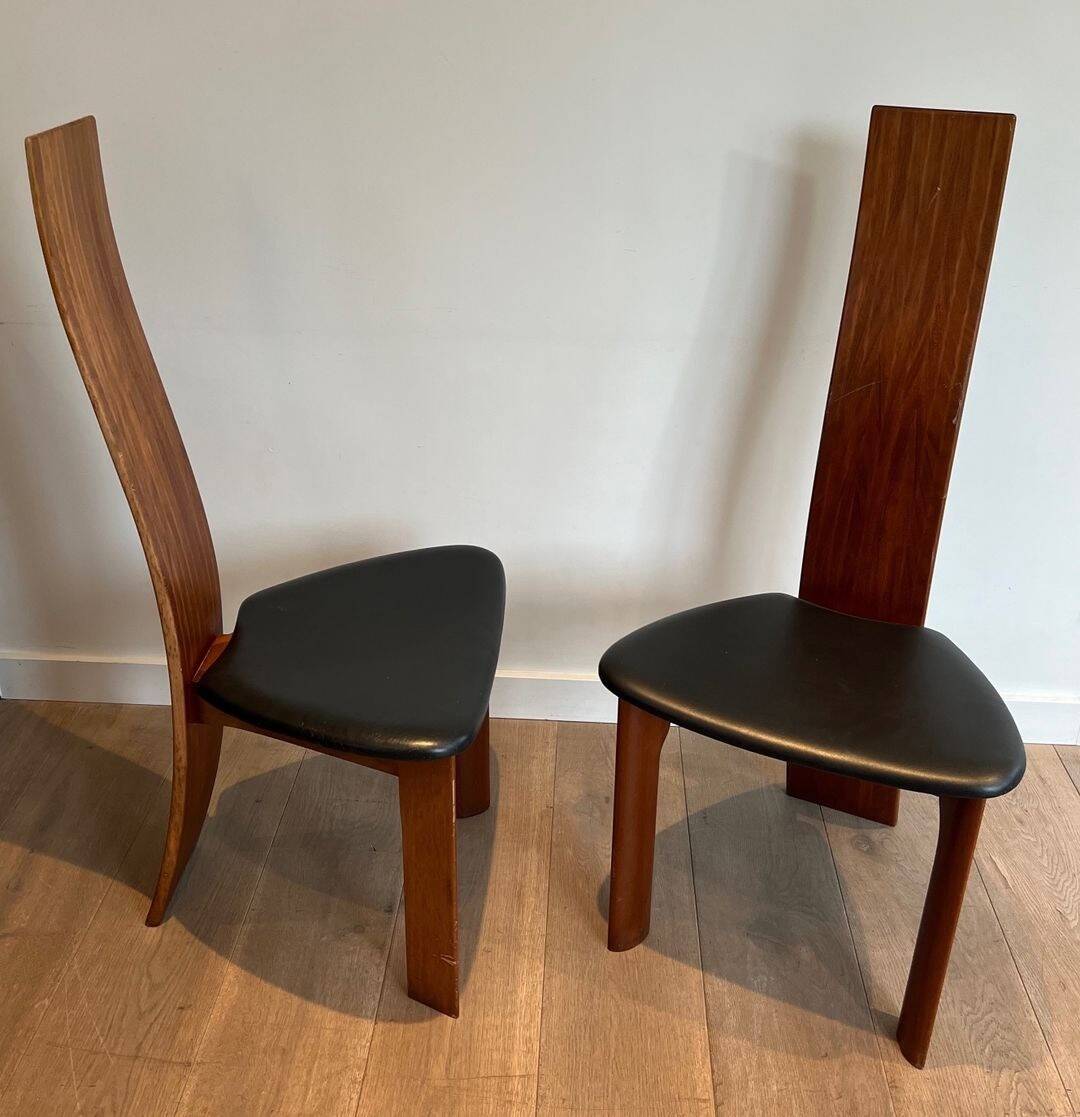 Pair of High Back Chairs, Exotic Wood & Black Leather, Scandinavian, varnished