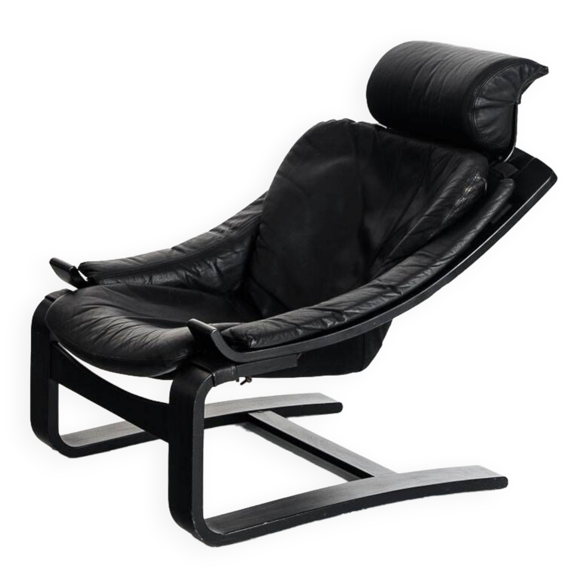 Kroken armchair in curved wood and leather. Design by Ake Fribytter for Nelo. Sweden, 80s