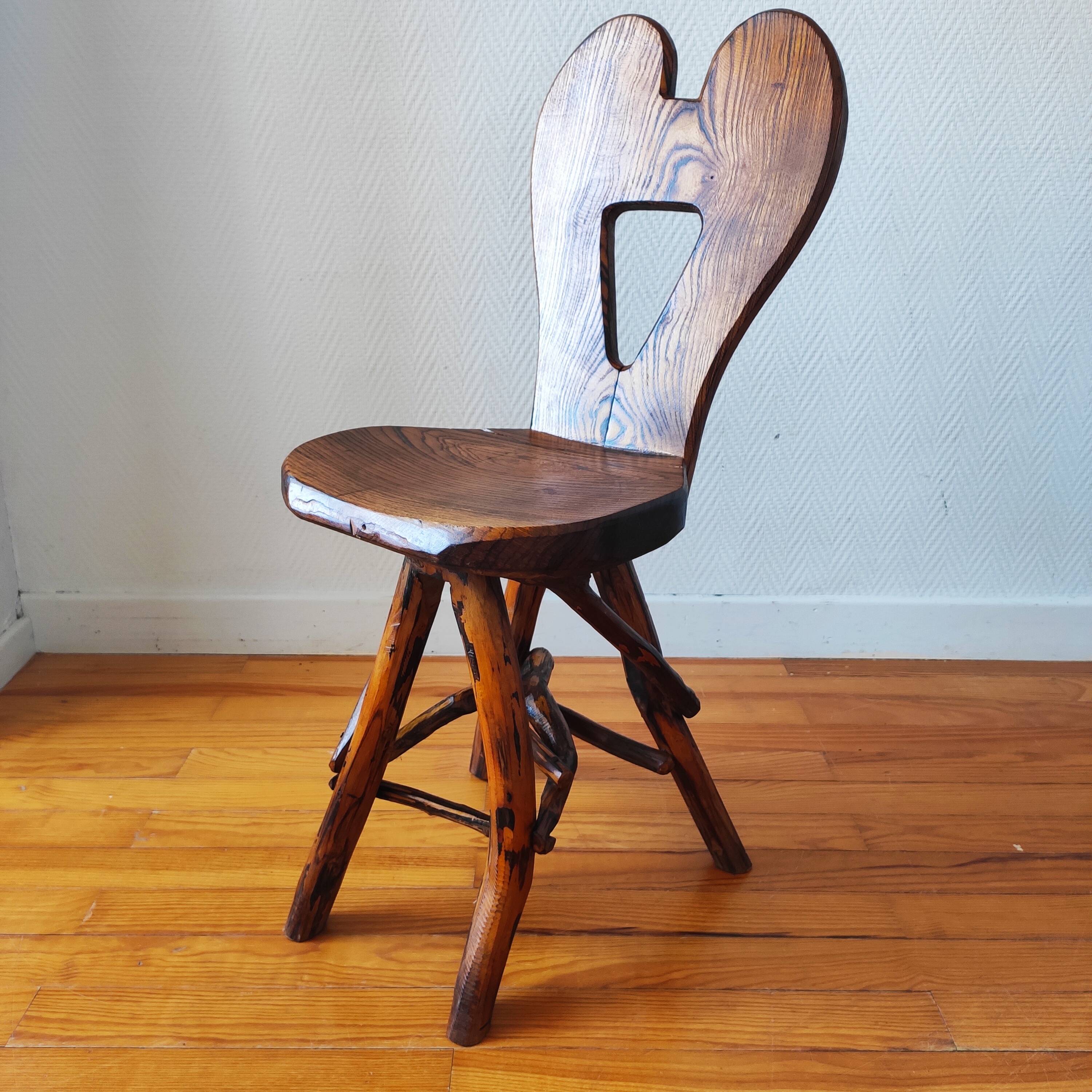 Vintage solid wood chair, popular art, brutalist style, 1950s, heart-shaped backrest.