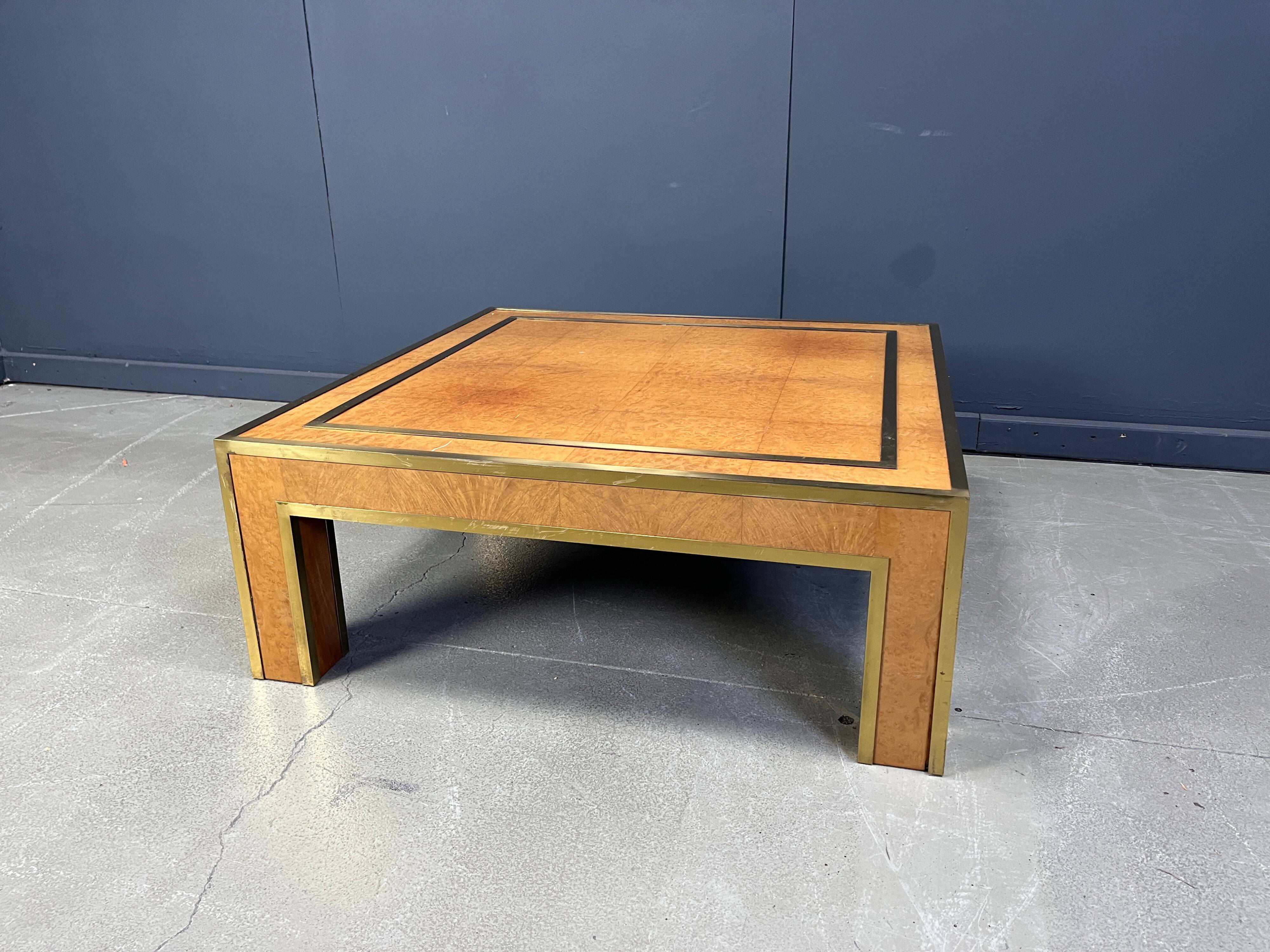 Brass and burl wood coffee table by Jean Claude Mahey, 1970s