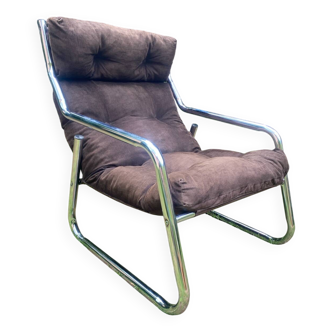Chrome tube and brown velvet armchair circa 1970
