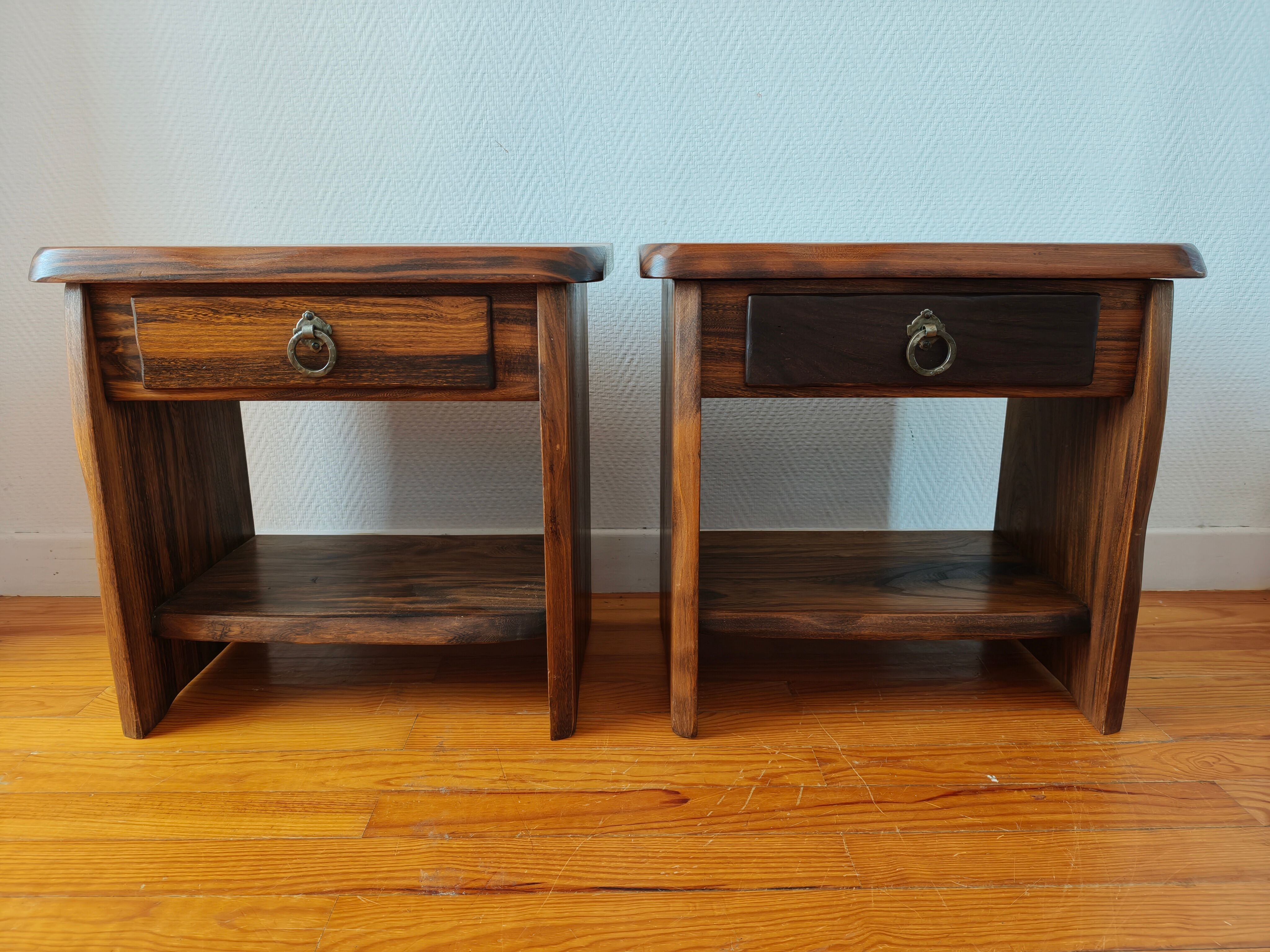Pair of solid elm bedside tables, France 1970.