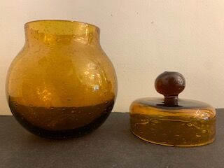 Jam maker or candy maker in amber yellow glass signed Biot