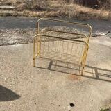 Porte-revues mid-century en laiton doré et bois, vintage années 70, Hongrie