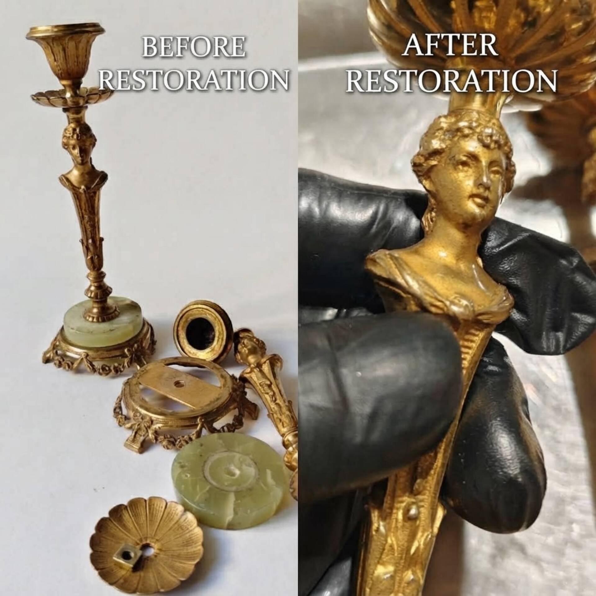 Pair of neoclassical candle holders in gilded bronze and green onyx, bust of