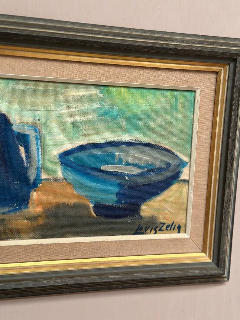 Large Original Swedish Oil on Panel – “Kettle Bowl and Glass” by Louis Zelig – Signed – Vintage & Framed – 40 × 80 cm (15.7" × 31.5")