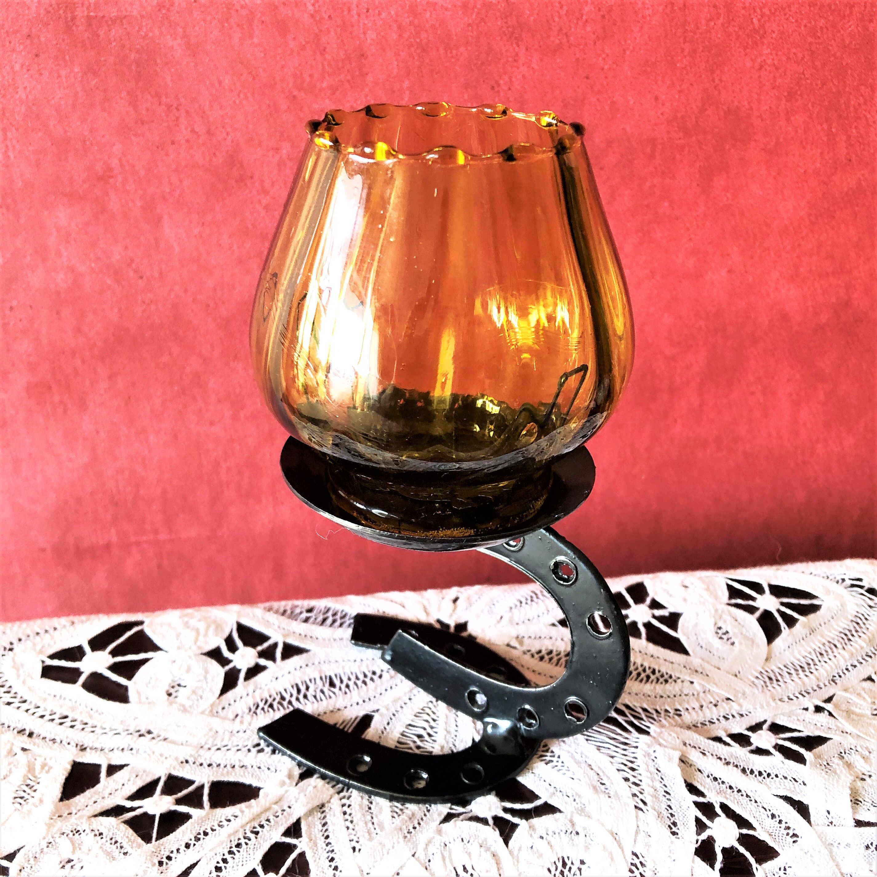 Candle holder photophore iron and amber glass vintage