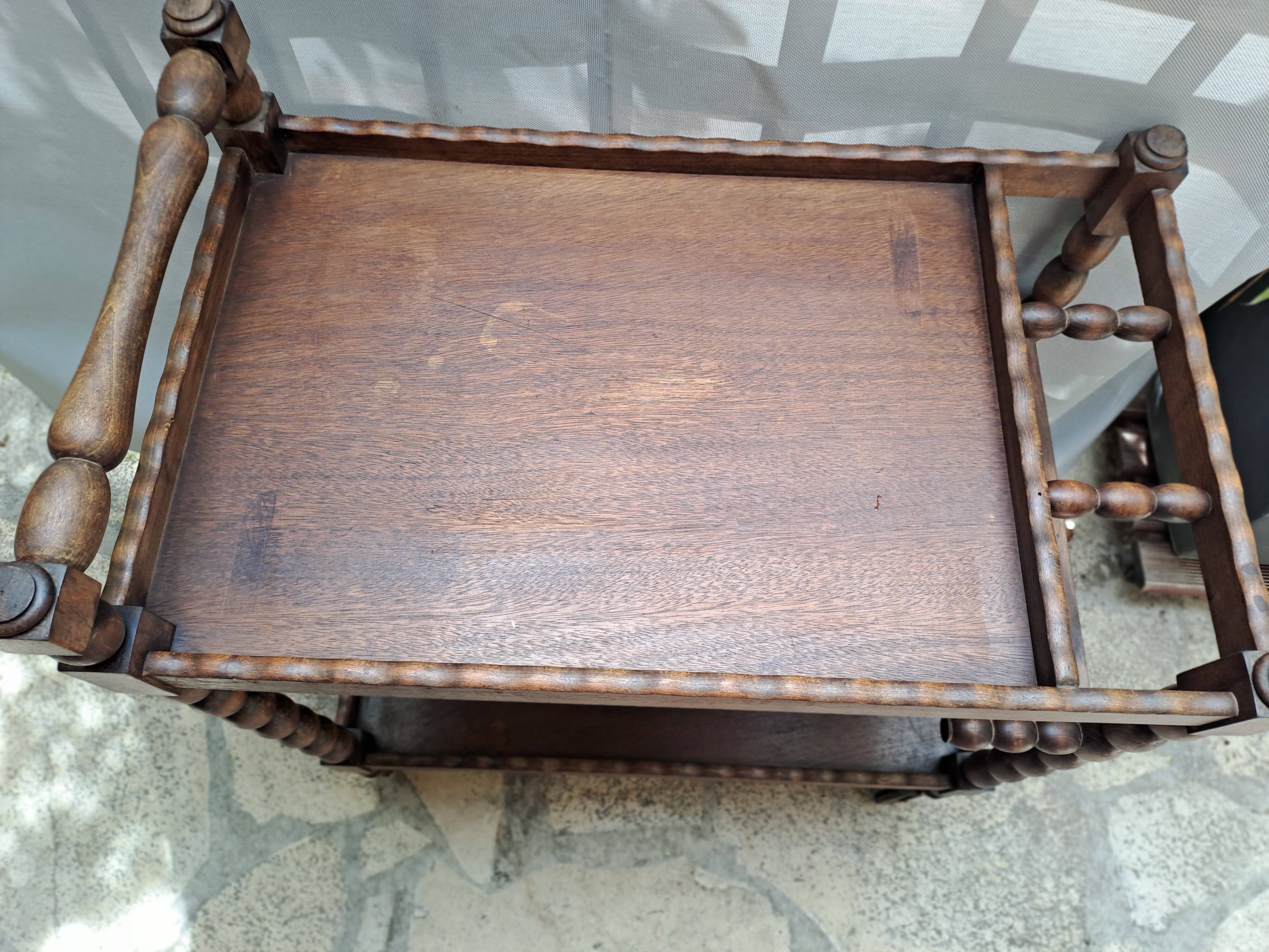 Dessert, table with wheels, side table in solid wood stained brown color France 1960
