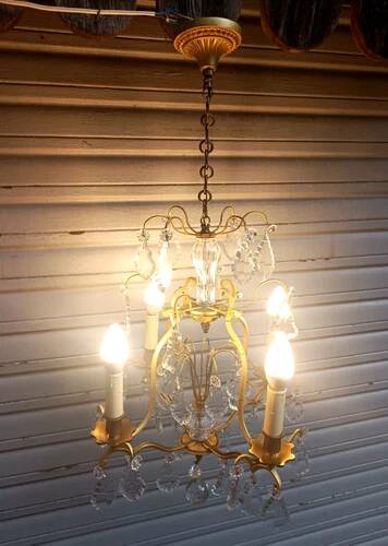 Rare antique cage chandelier in gilded bronze and crystal, 4 lights / WORKING CONDITION GAU?