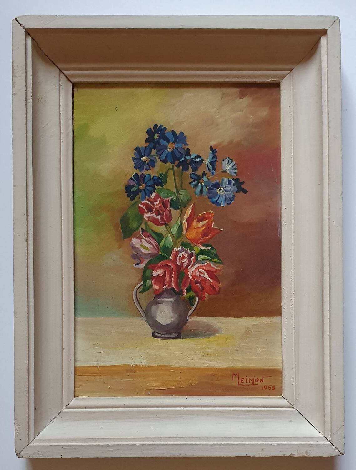 Oil painting on wood of wild flowers signed Meimon.