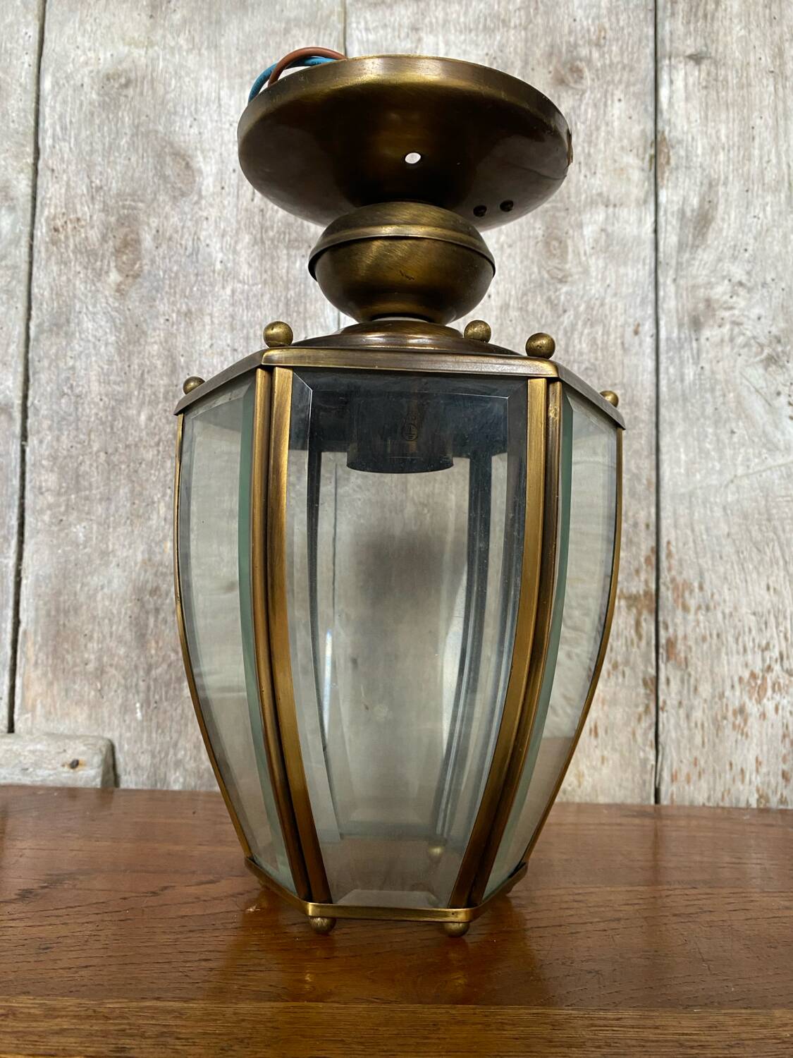 Antique brass lantern ceiling light + 6 faceted beveled glass vintage