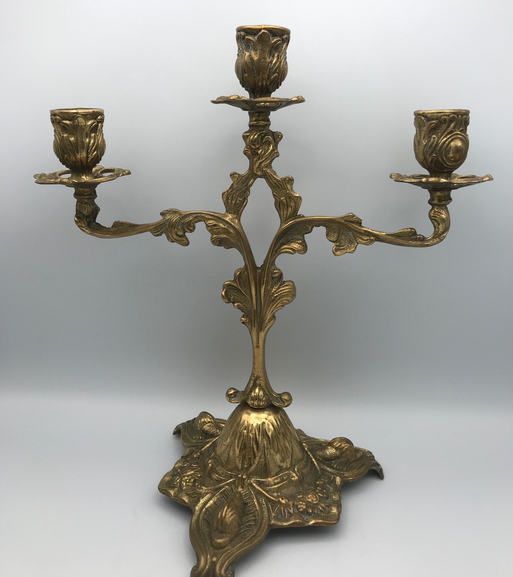 Pair of old candlesticks in bronze 3 lights rocaille style 28,5 cm