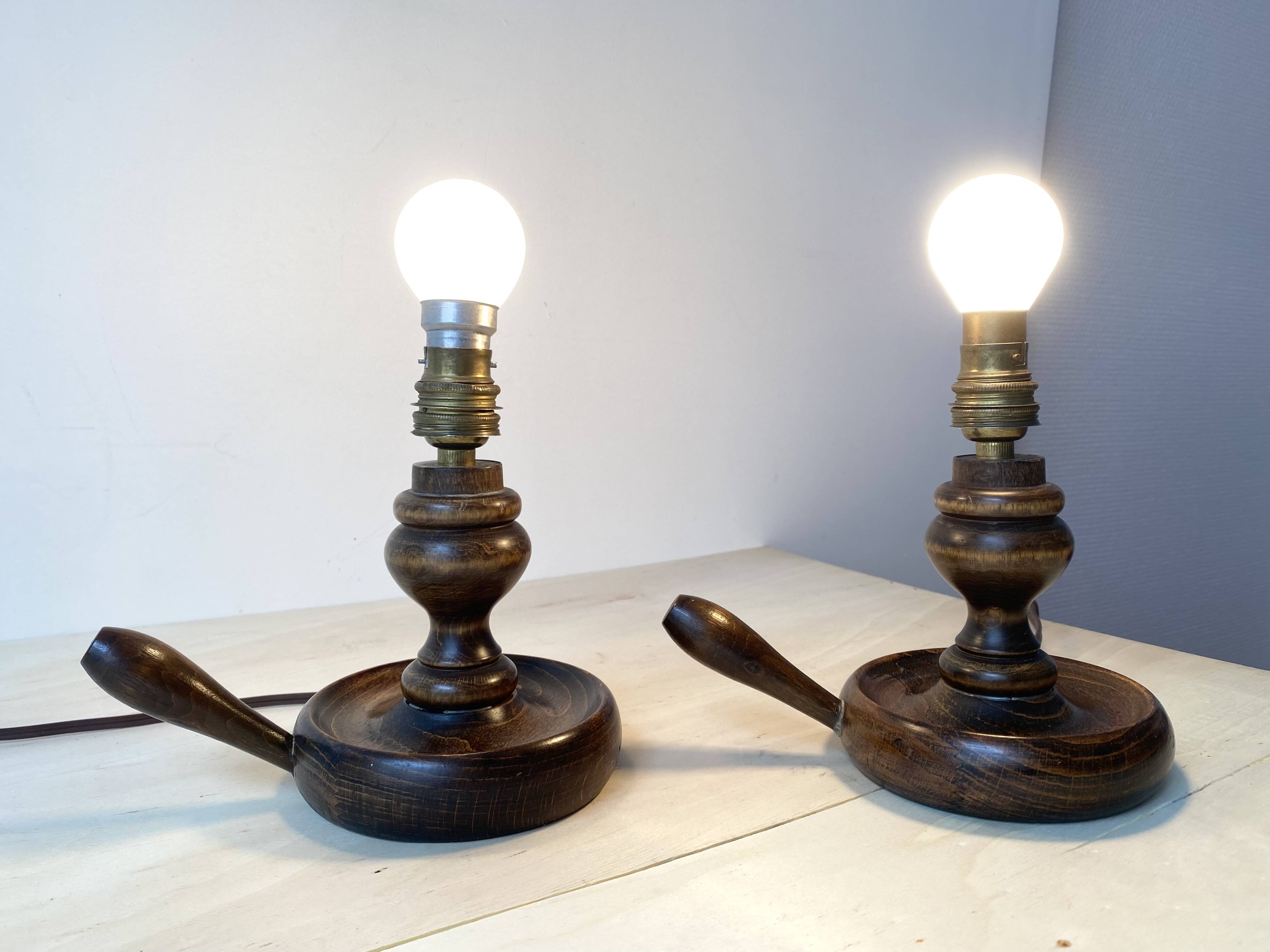 Pair of 50s turned wooden candlestick lamps, vintage lighting fixtures, rustic lamp bases