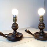 Pair of 50s turned wooden candlestick lamps, vintage lighting fixtures, rustic lamp bases