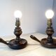 Paire de lampes bougeoirs en bois tourné années 50, luminaires vintage, pieds de lampes rustiques