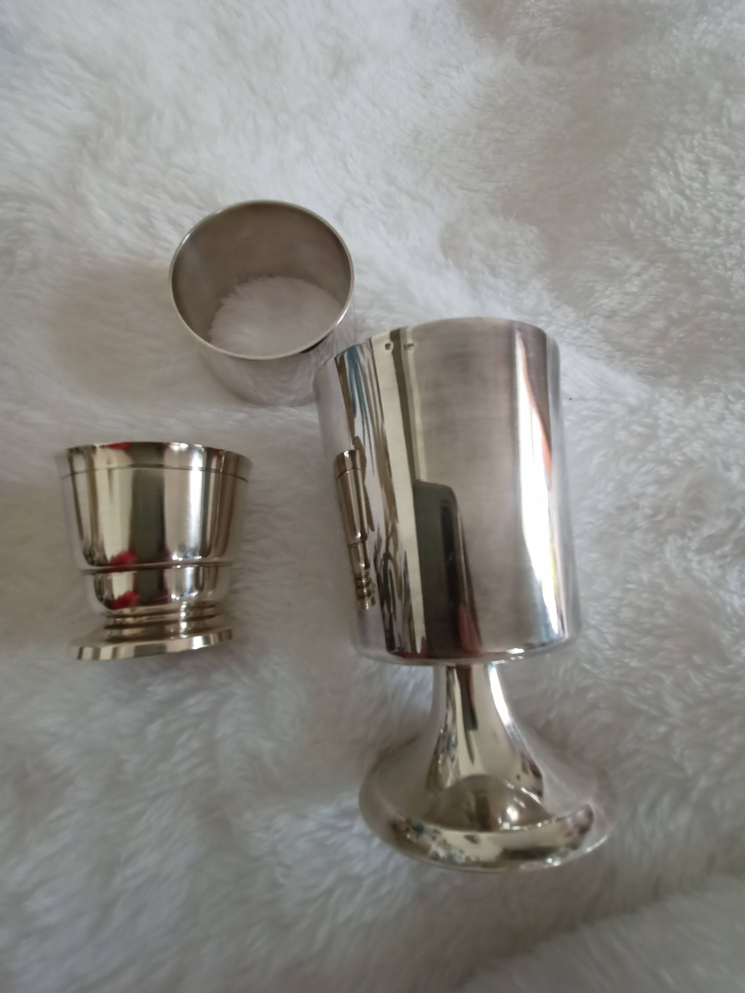 Vintage silver-plated metal cup, egg cup and napkin ring set