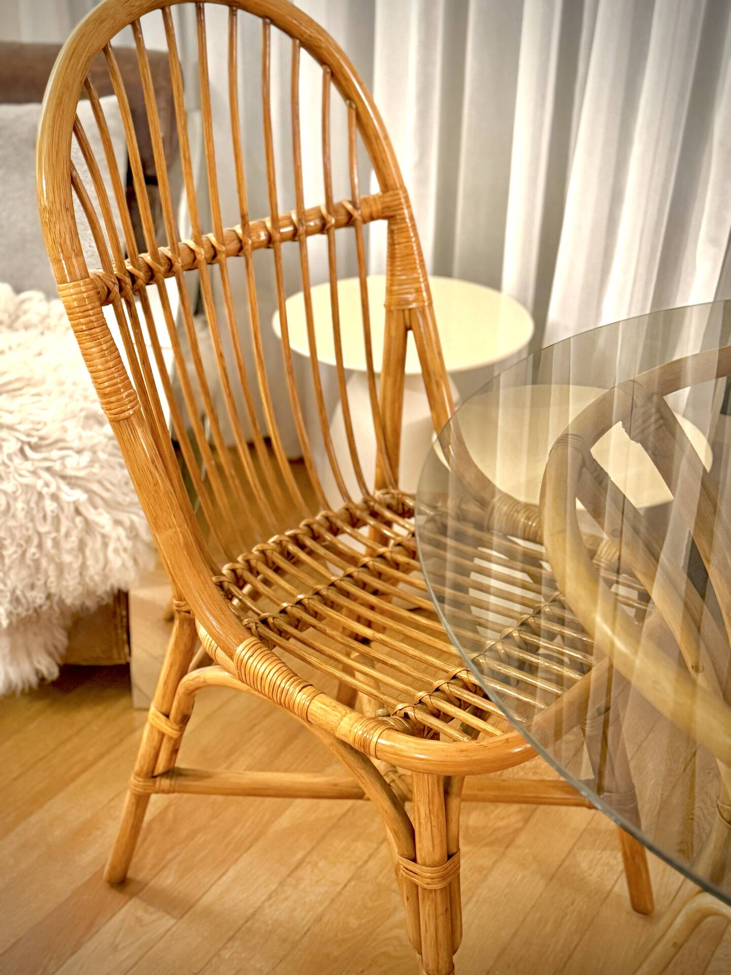 Smoked glass rattan table + chairs