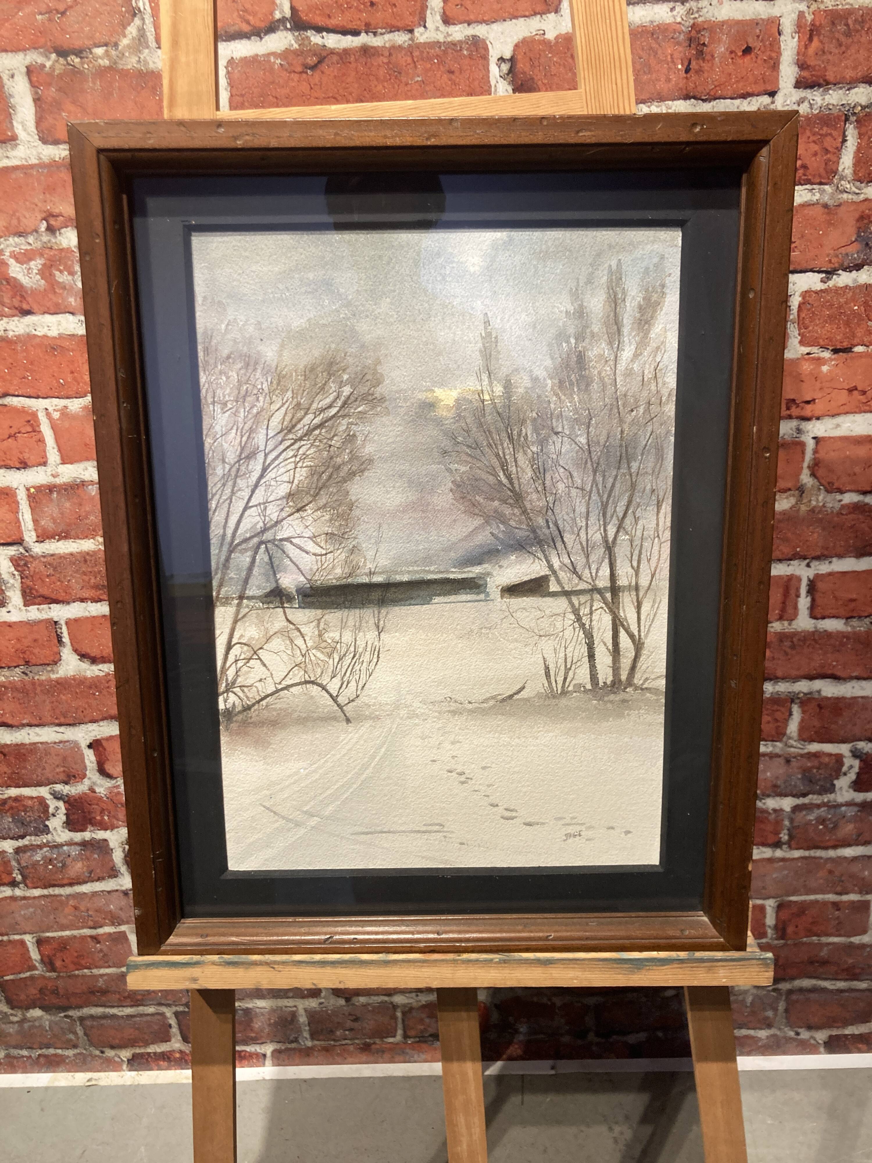Watercolor framed by a snowy landscape