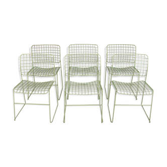 6 chaises en métal, peintes en sarcelle
