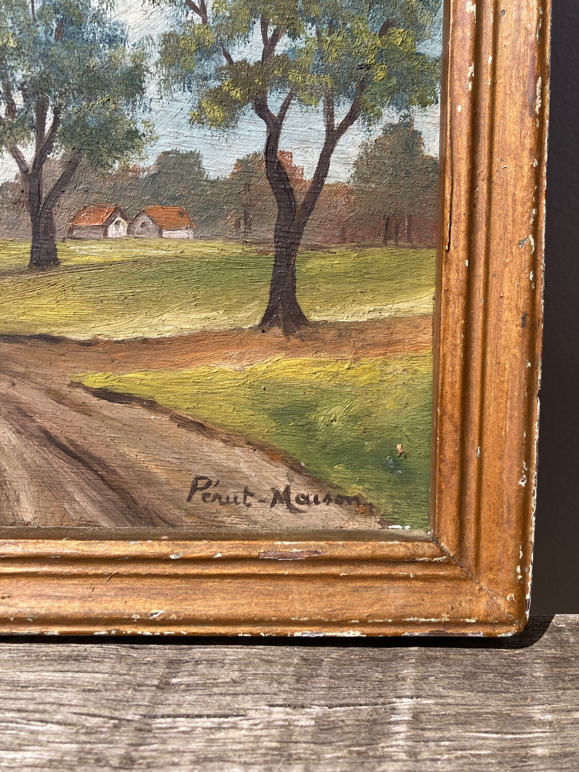 Painting oil on panel old countryside landscape gilded framing