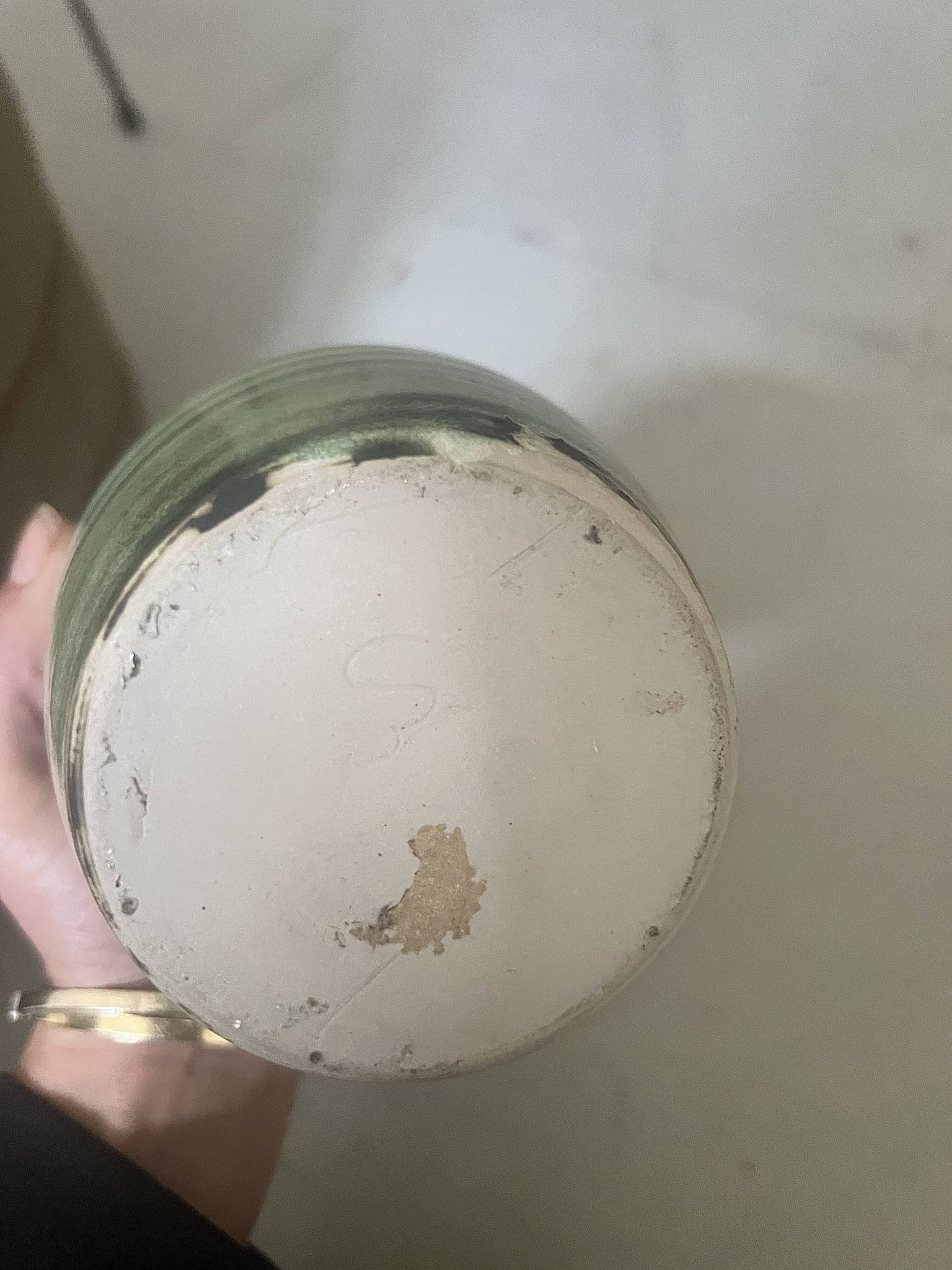 Vase in white clay with green/beige glaze - signed work