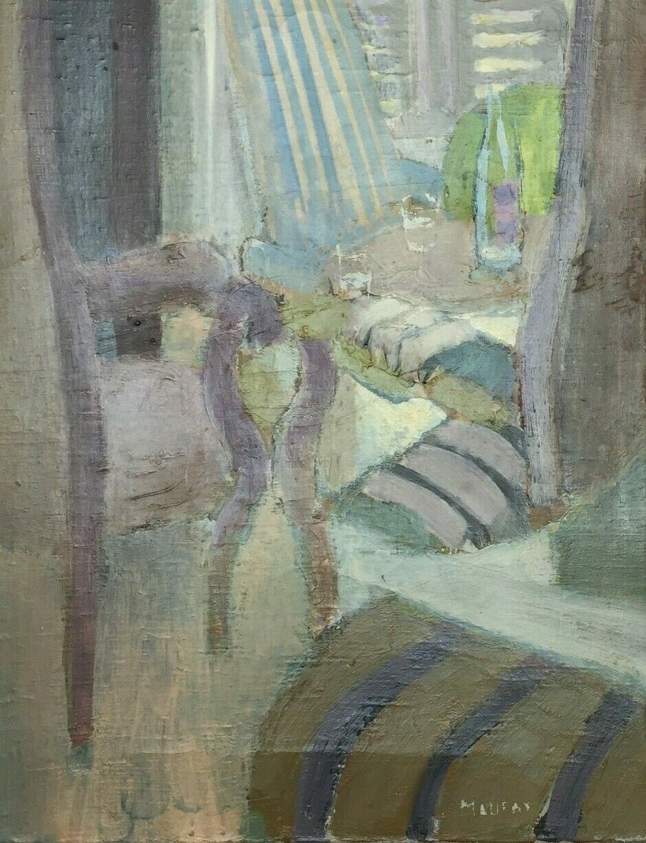OIL ON CANVAS JEAN MAUFAY ABSTRACT COMPOSITION SCENE OF INTERIOR