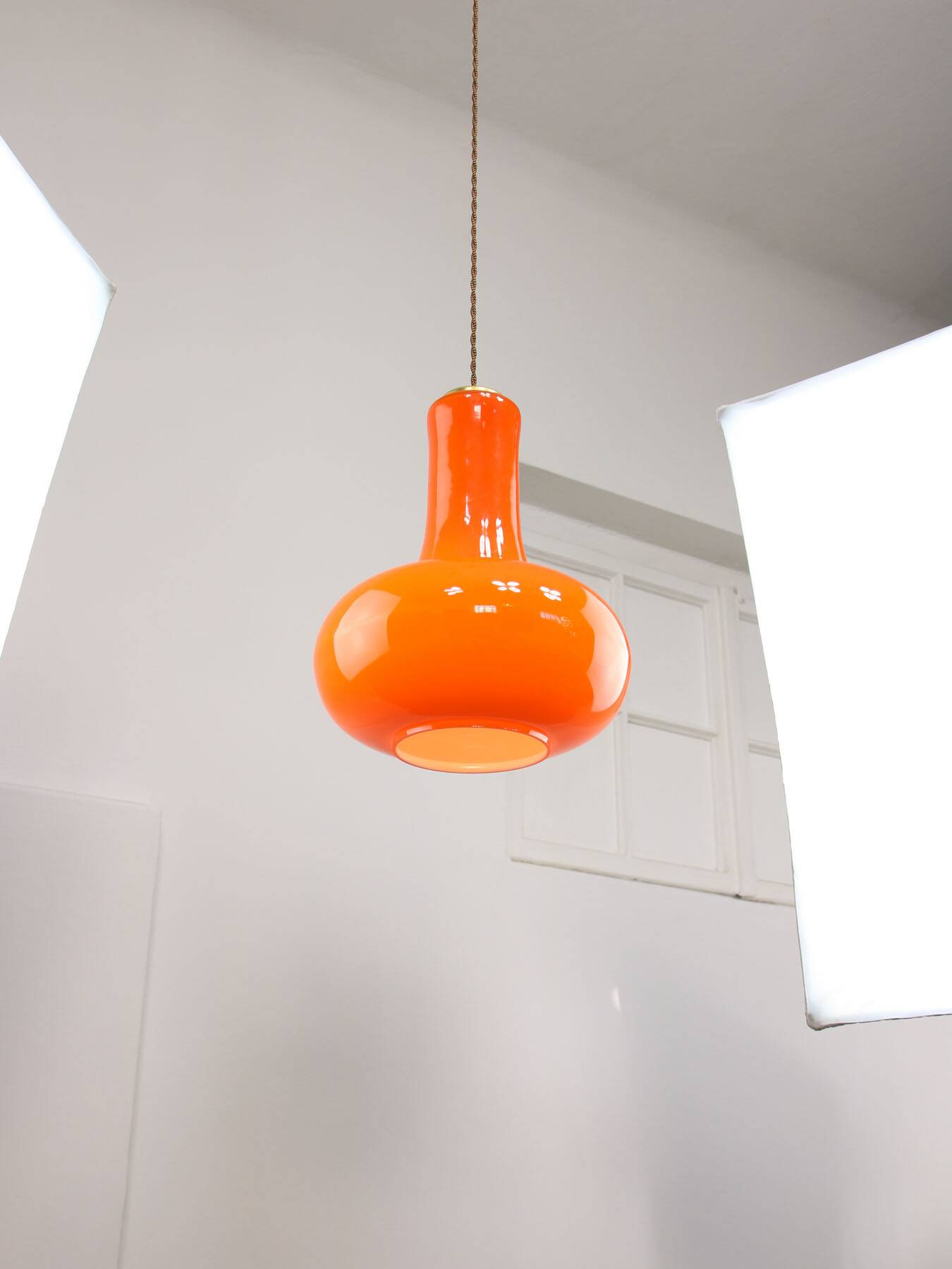 Mid-Century Italian Orange Glass and Brass Pendant Lamp