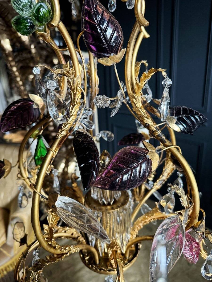 Lustrous pagoda from Maison Baguès in gilded bronze with a decoration of flowers and fruits in glass - 20th century