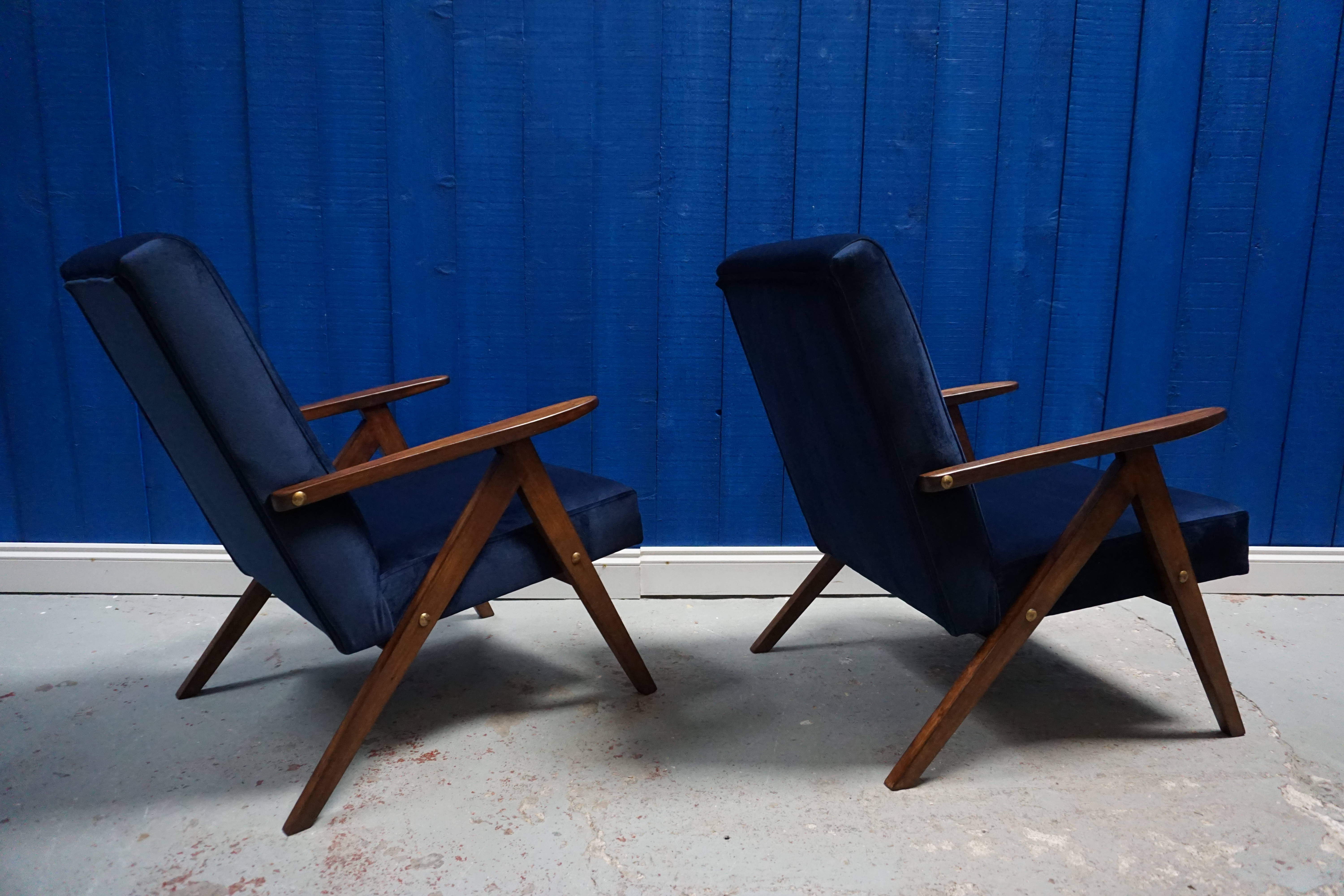 Mid century modern easy chairs from 1960's in navy blue velvet, set of 2