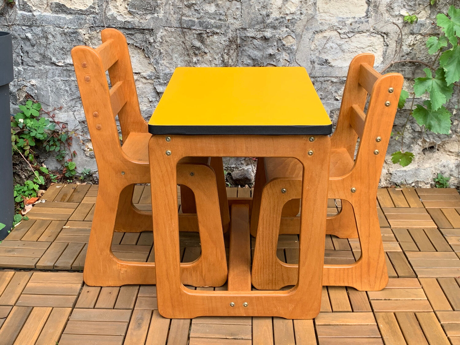 Children's wooden and formica desk and sled chairs 1970