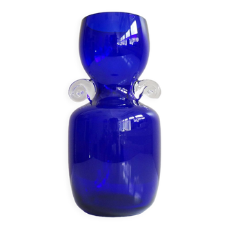 sculptural vase in cobalt blue glass, postmodern glass art