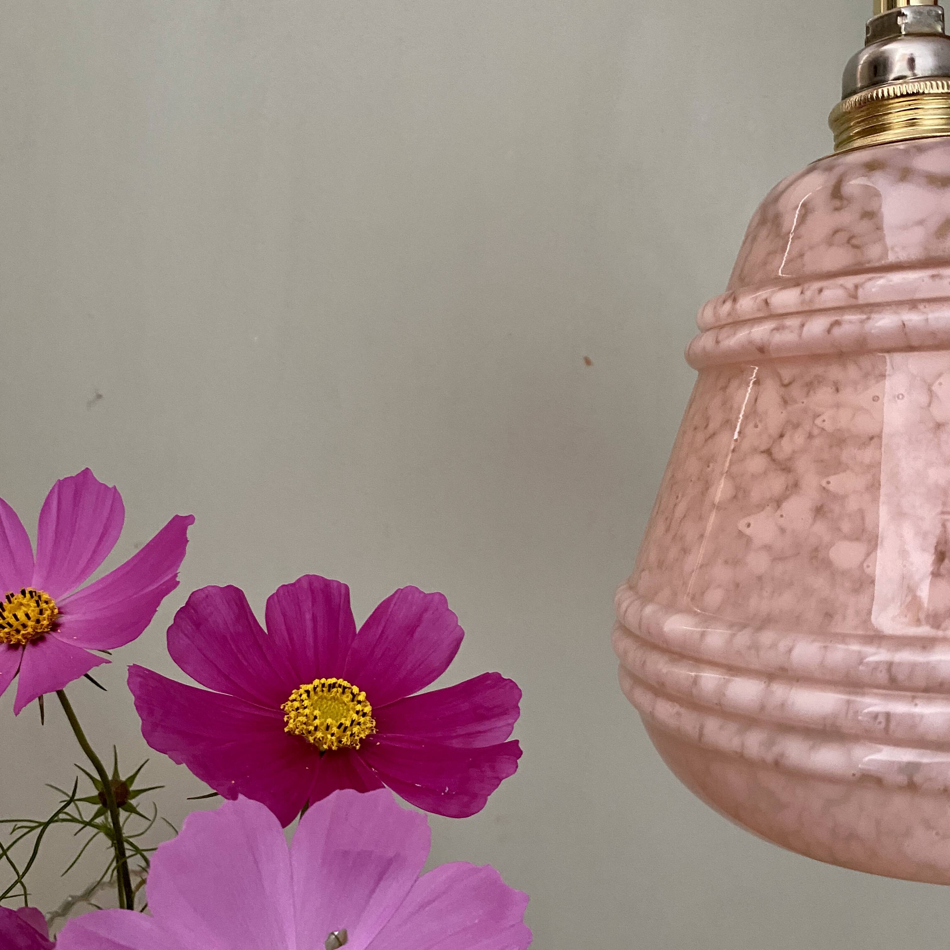 Vintage tulip pendant light in pink Clichy glass