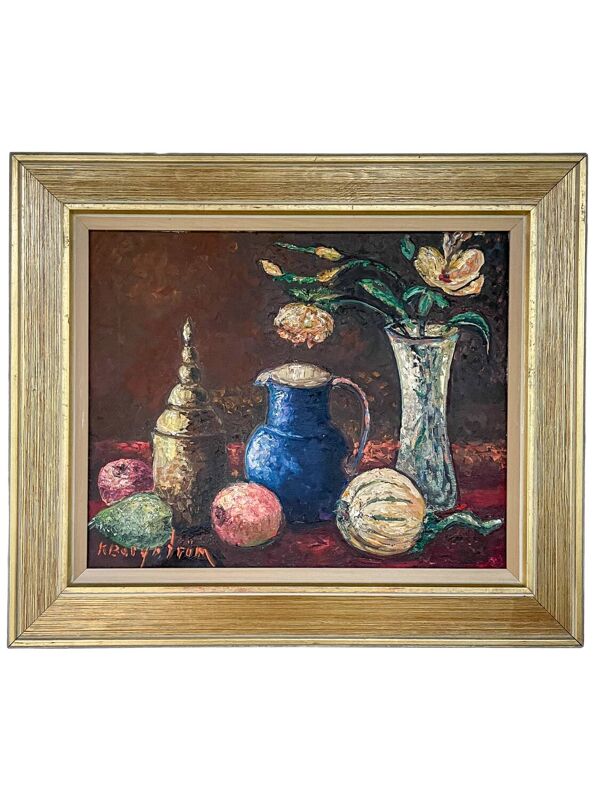 Nature morte avec une cruche bleue et des tulipes