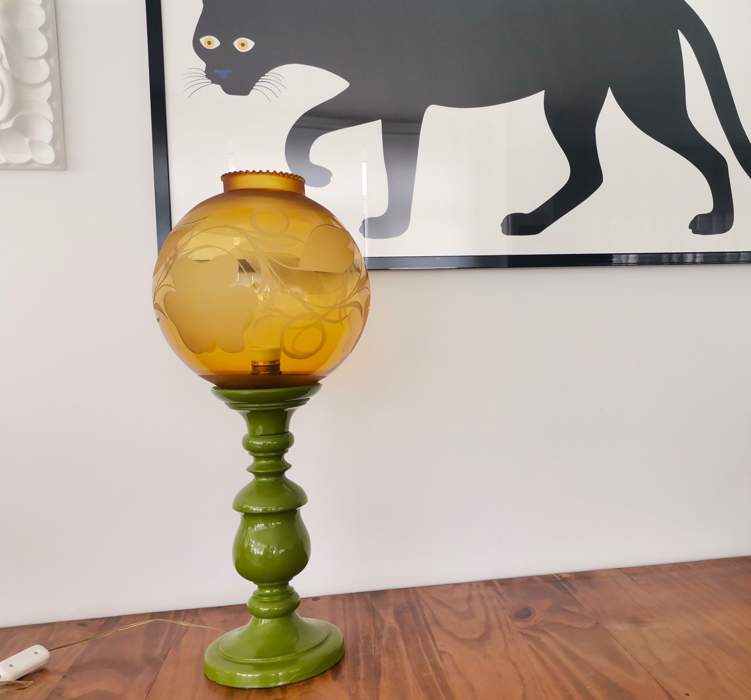 Mid-century italian yellow & green wood and glass table lamp
