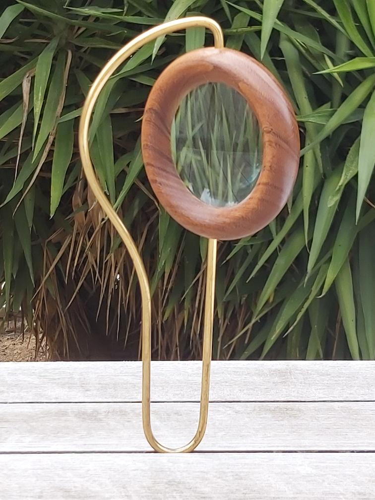 Scandinavian design magnifier wood and brass