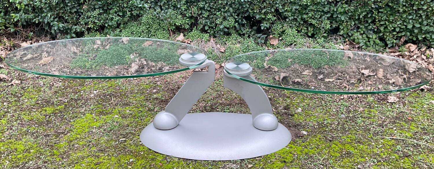 Naos designer coffee table in tempered glass and cast iron