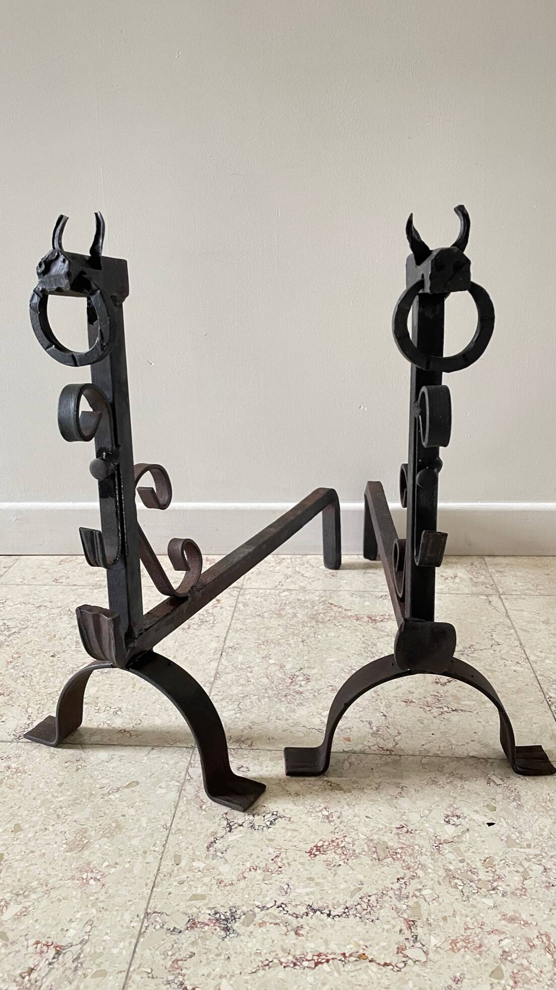 Pair of vintage steel brutalist andirons