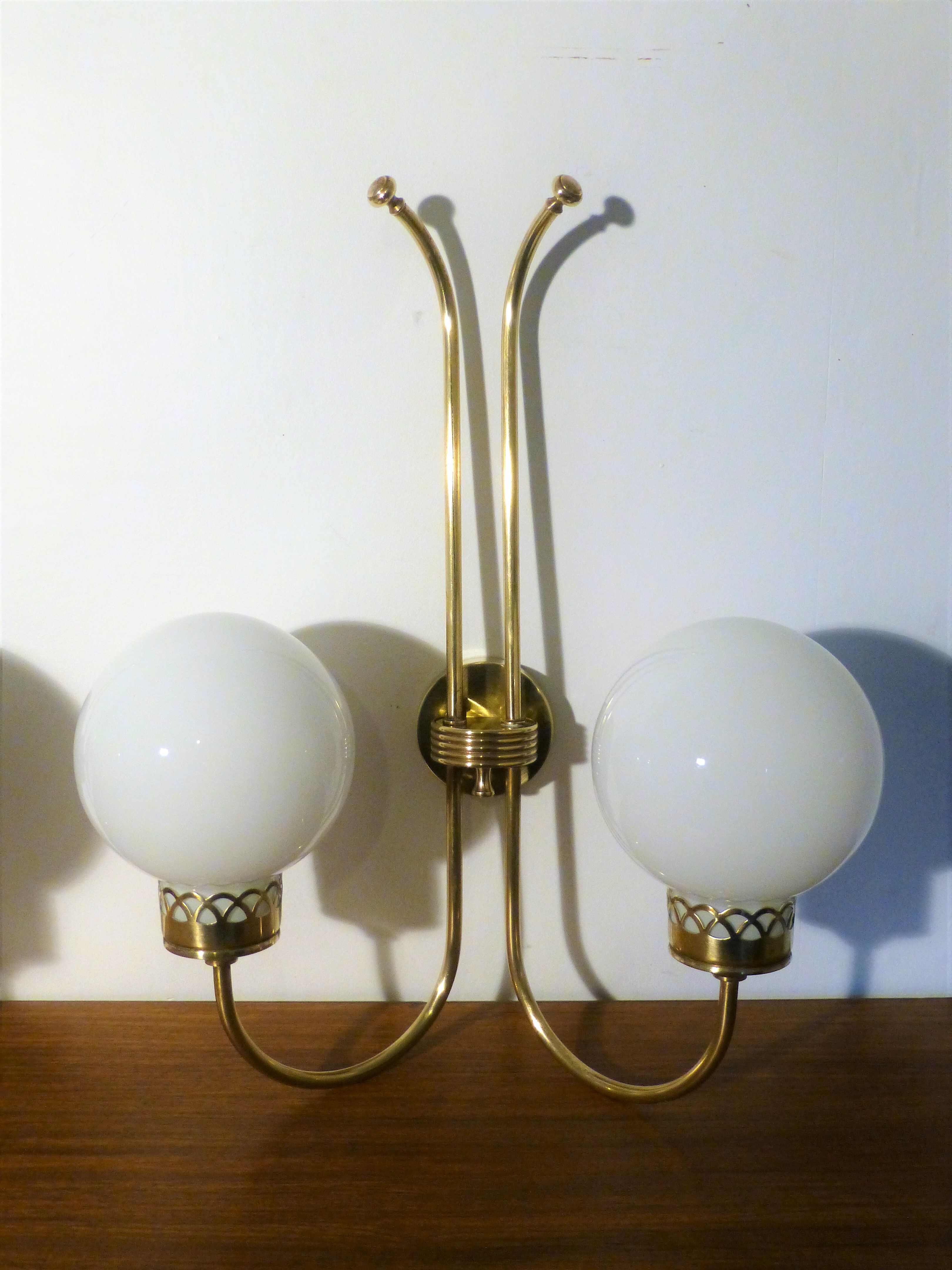 Trio of applique art deco brass and opaline. 1940