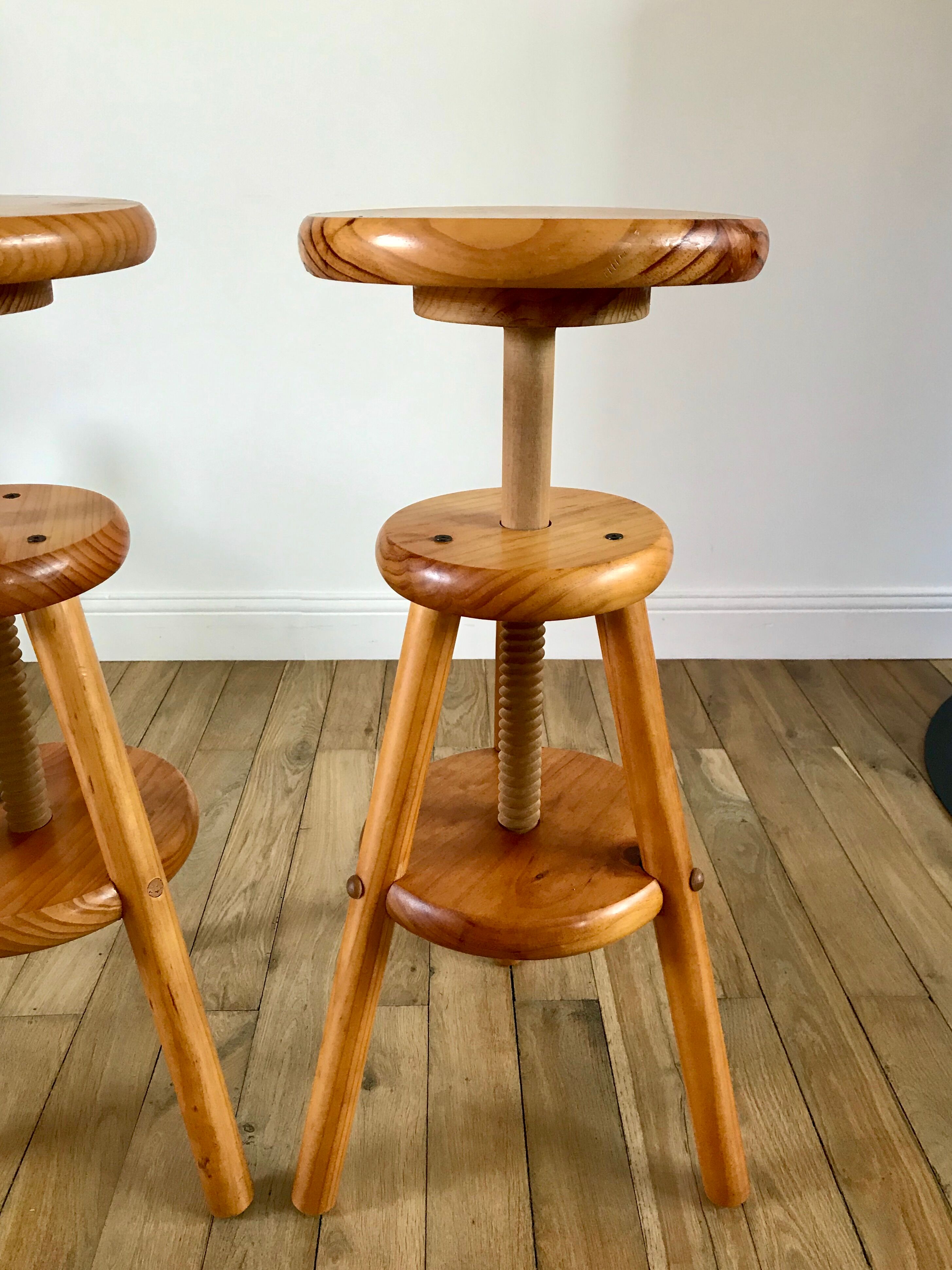 pair of adjustable architect stools pine style 60s