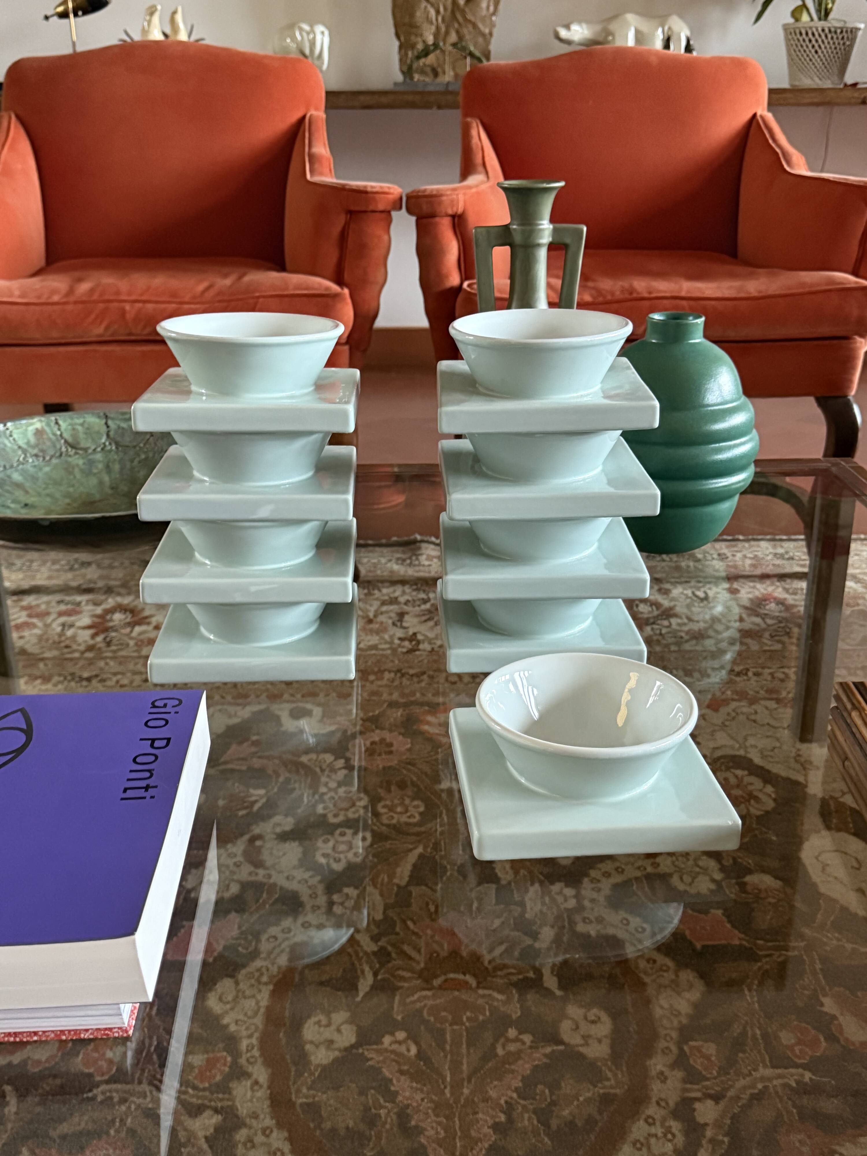 Set of 9 ceramic light blue ceramic bowls, I + I Italy, 1970s